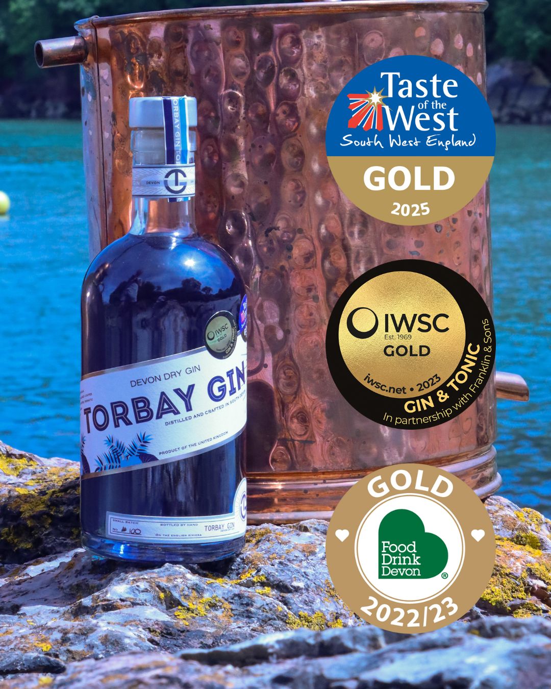 Collage of Torbay Gins awards, Food Drink Devon, Taste of the West, IWSC